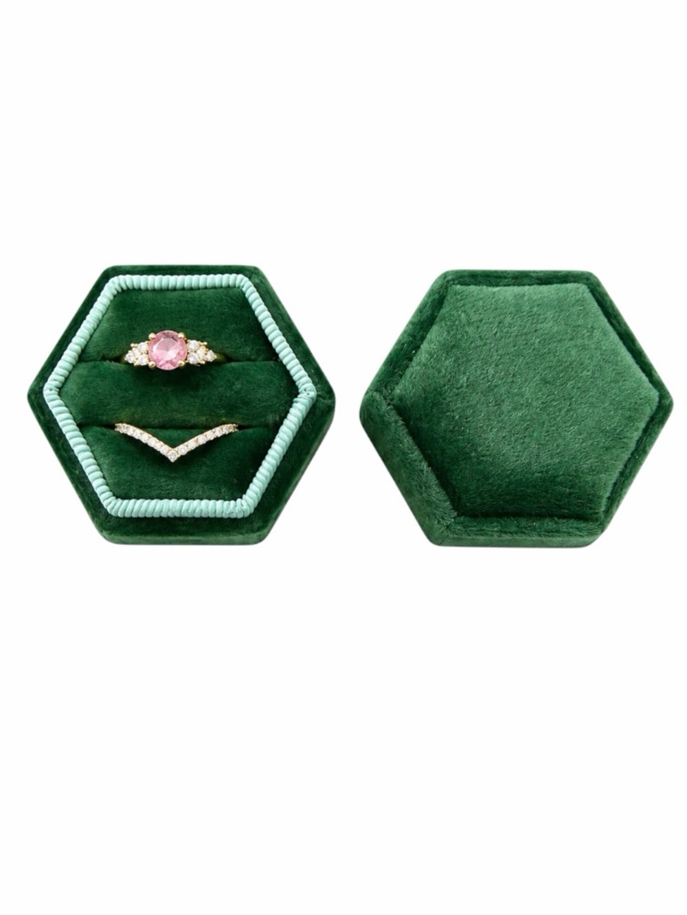 NWT Green  Velvet Hexagon Honeycomb Ring Box / Jewelry Box
